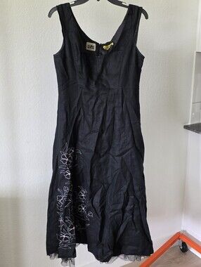 Nikki Valentine Size 8 Black 100% Irish Linen Floral Embroidered Maxi Dress Goth